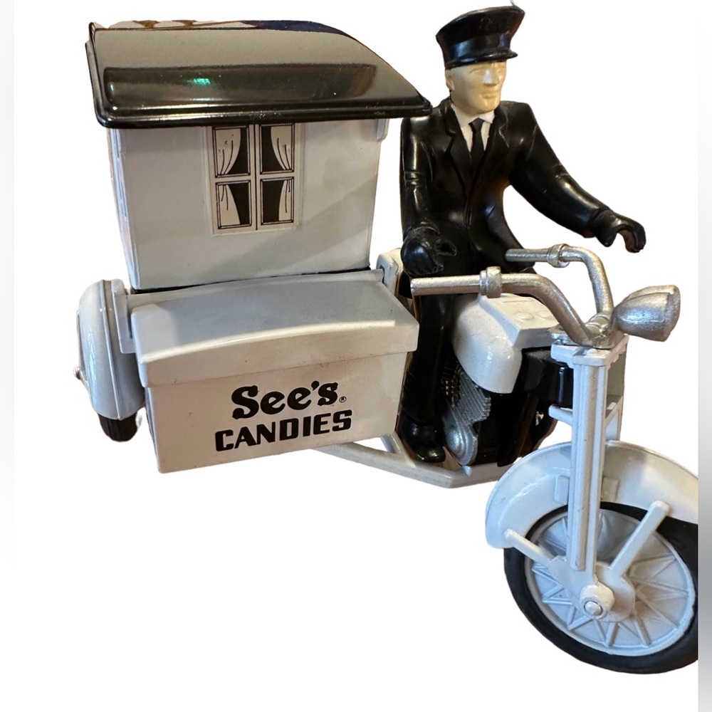Vintage See's Candies Motorcycle Delivery Truck With Sidecar and Driver Diecast
